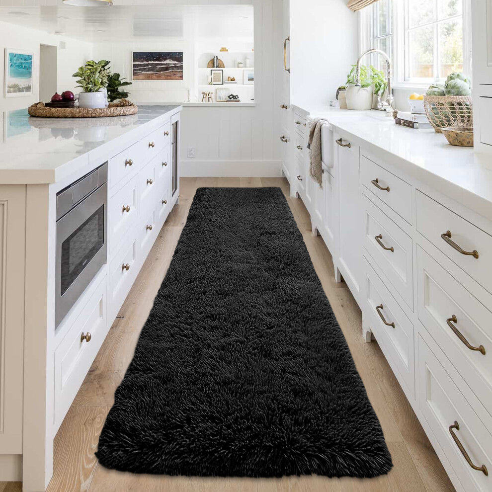 (80 cm x 300 cm (2 ft 6 in x 10 ft), Shaggy Fluffy Black) Shaggy Rugs Non Slip Hallway Runner Bath Door Mats