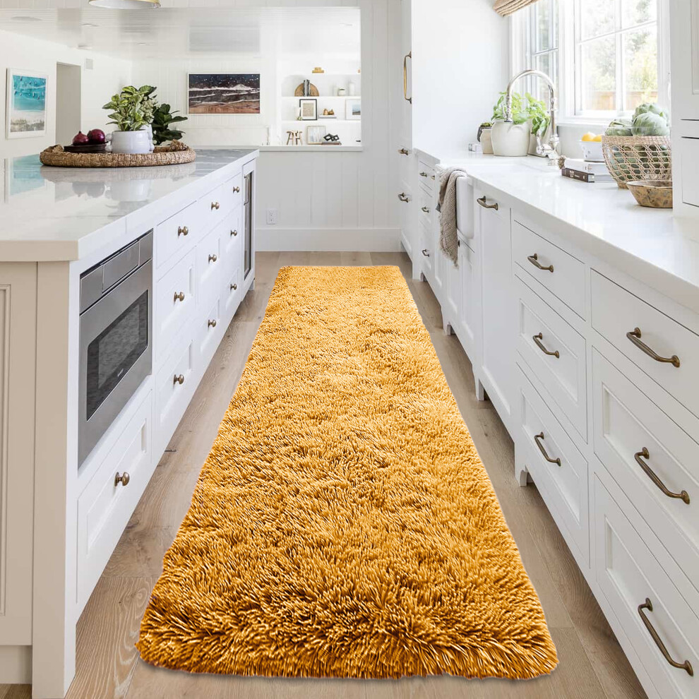 (80 cm x 300 cm (2 ft 6 in x 10 ft), Shaggy Fluffy Yellow/Ochre) Shaggy Rugs Non Slip Hallway Runner Bath Door Mats