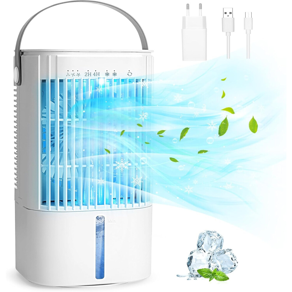Portable Air Conditioner, Mini Air Cooler, USB 5-in-1 Countertop Evaporative Personal Air Conditioner, 3 Air Speeds, 2 Misting and Timing Fans