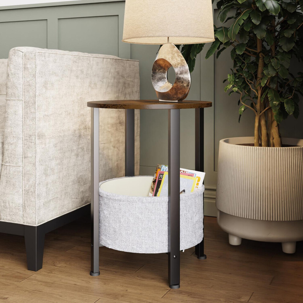 FWStyle Round Industrial Design Side Table With Cream Fabric Storage Base