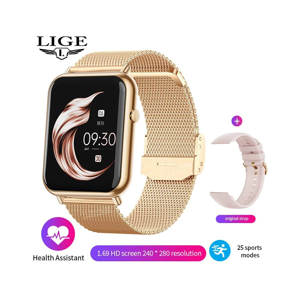 (Mesh belt gold, Bluetooth call watch) Lige Fashion Smart Watch Ladies Body Temperature Sport Fitness Watch Bluetooth
