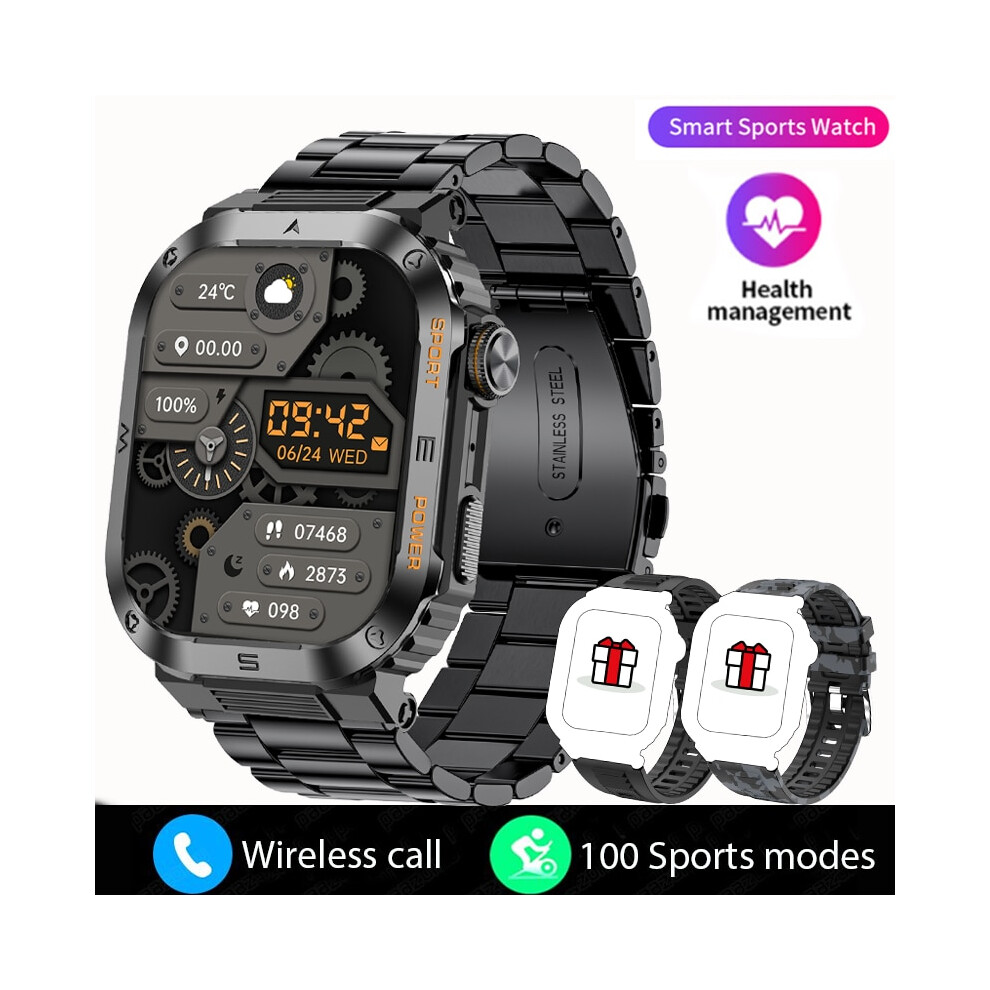 (Black steel strip) Rugged Military Smart Watch Men For Android IOS Ftiness Watches Ip68 Waterproof