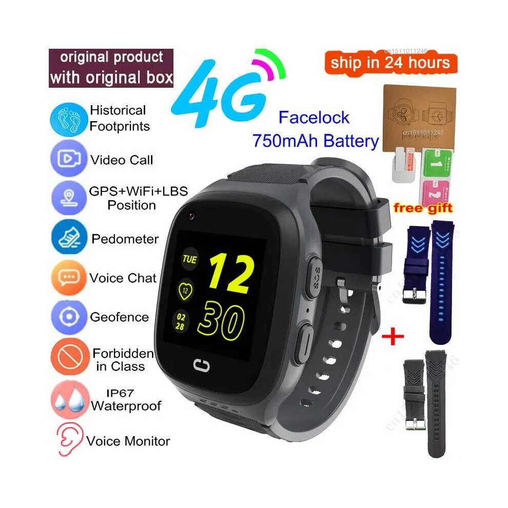 (add blue black strap, European Version) Kids Smart Watch 4G GPS Wifi Video Call SOS Tracker IP67 Waterproof Children's