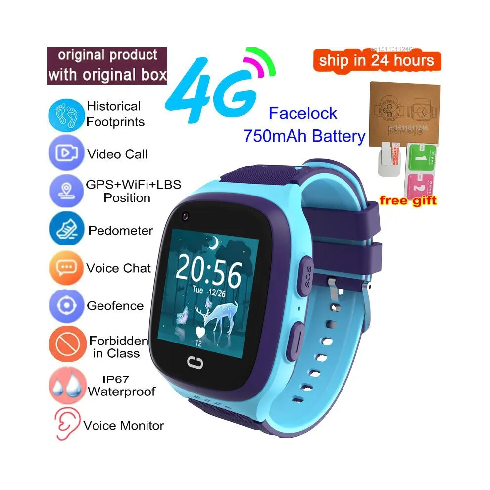 (blue, European Version) Kids Smart Watch 4G GPS Wifi Video Call SOS Tracker IP67 Waterproof Children's