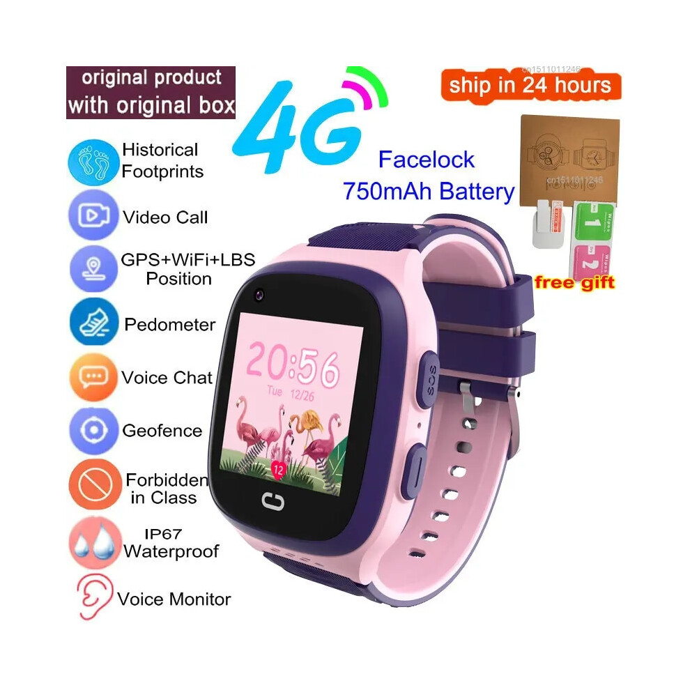 (pink, European Version) Kids Smart Watch 4G GPS Wifi Video Call SOS Tracker IP67 Waterproof Children's