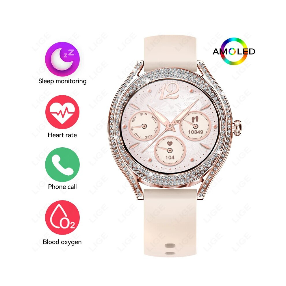 (Silica gel Pink, Bluetooth Call) LIGE AMOLED Smart Watch AI Voice Siri Bluetooth Call Heart Rate Tracker