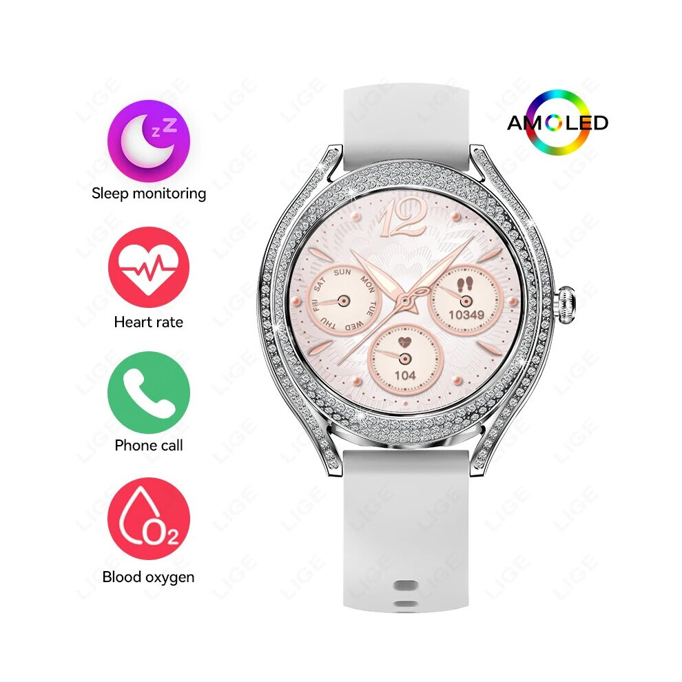 (Silica gel White, Bluetooth Call) LIGE AMOLED Smart Watch AI Voice Siri Bluetooth Call Heart Rate Tracker