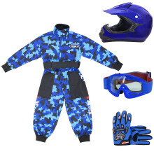 (Blue, M) ZORAX X15 Motorbike Kids Motocross Helmet Karting Gloves Goggles Camo Race Suit