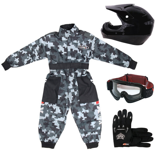 (Gloss Black, L) ZORAX X15 Motorbike Kids Motocross Helmet Karting Gloves Goggles Camo Race Suit