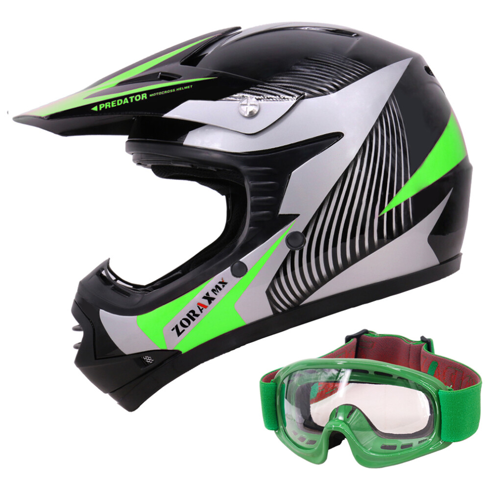(Green, M) Zorax ZOR-X19 PREDATOR Kids Motocross Motorbike MX Helmet ECE 2206 & Goggles-image-OPC-PF29H89-NEW