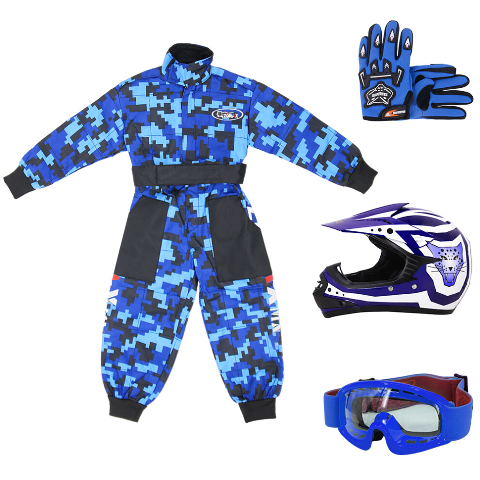 (Blue, XL) ZORAX X17 Kids Motocross MX Helmet Motorbike Camo Race Suit Gloves Goggles-image-OPC-PF29H9X-NEW