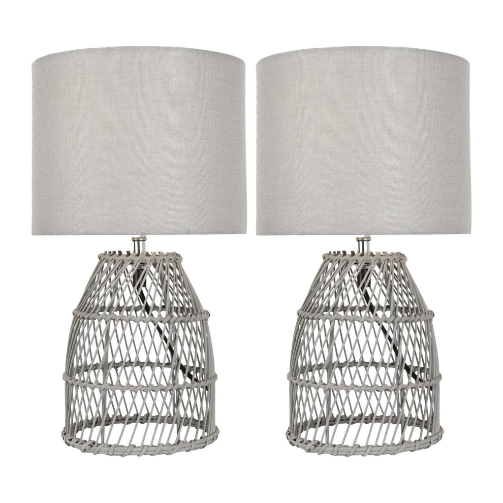 Set of 2 Bamboo - Grey Wash Bamboo 36cm Table Lamps With Grey Fabric Shades