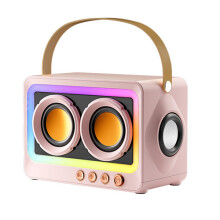 (Pink) Retro Bluetooth Speaker TWS Hifi Stereo Soundbar Subwoofer with Mic