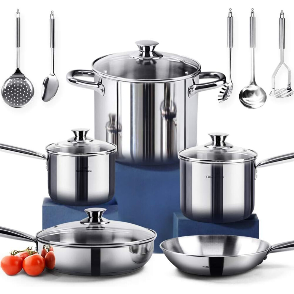 (14 Pieces NICKEL FREE Cookware Set - ECOLOGICAL, Shiny Silver - Mirror Polished - 6 Years Warranty) Chef 14-Piece Nickel Free Stainless Steel Cookwar-image-OPC-PF29RHJ-NEW