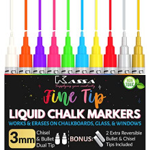Kassa Liquid Chalk Markers Fine Tip (10 Pack 3mm) - Chalkboard Markers Erasable - Gold & Silver Included - Wet Erase Markers for Glass Blackboard