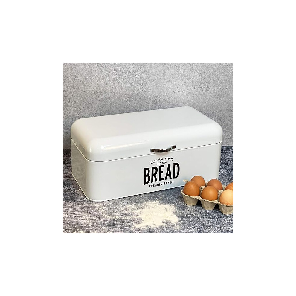 White Retro Enamel Metal Bread Bin Vintage Chrome Handle Hinged Lid
