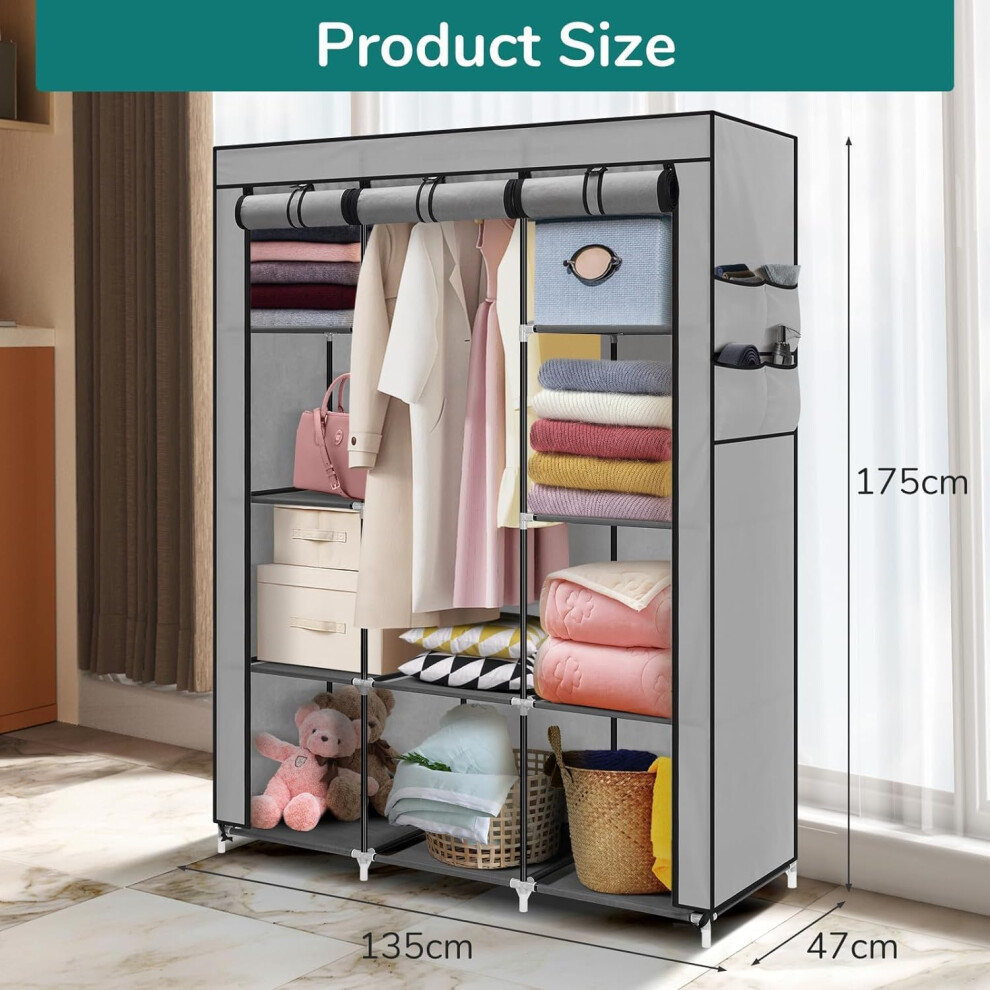 Fabric Wardrobe Clothes Storage with 6 Shelves and Hanging Rail Gray