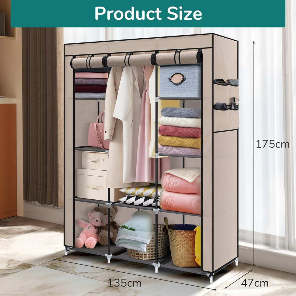 Fabric Wardrobe Clothes Storage with 6 Shelves and Hanging Rail Coffee-image-OPC-PF2CDXP-NEW