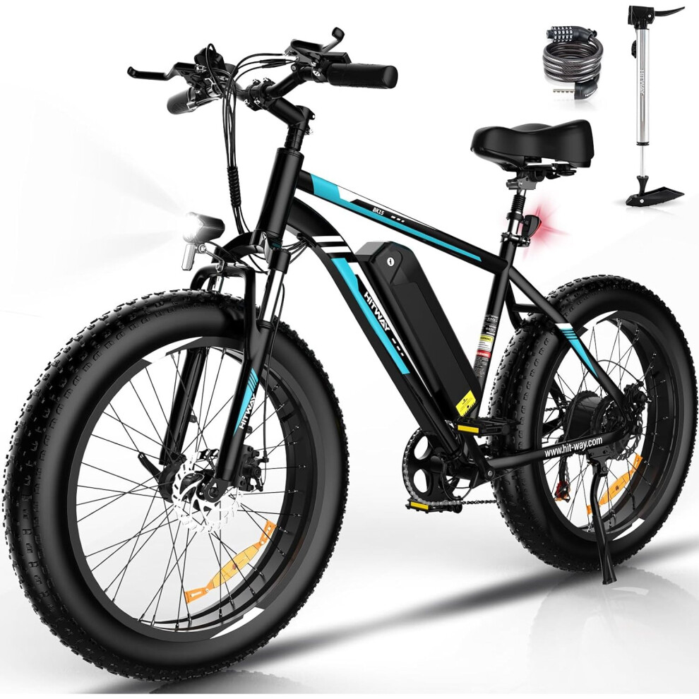 (Black-Blue) HITWAY 26 * 4.0 Fat Tire Mountain Electric Bike , Commuter E Bike with 48V 15Ah Removable Battery