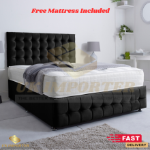 (Black Plush, Super King 6FT(2 Drawer Footend)) PLUSH VELVET ORTHOPAEDIC DIVAN BED CUBE HEADBOARD & FOOTBOARD & MATTRESS KING DOUBLE