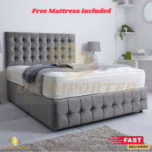 (Grey Plush, Double 4FT6"(No Drawer)) PLUSH VELVET ORTHOPAEDIC DIVAN BED CUBE HEADBOARD & FOOTBOARD & MATTRESS KING DOUBLE