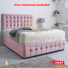 (Pink Plush, King 5FT(2 Drawer Footend)) PLUSH VELVET ORTHOPAEDIC DIVAN BED CUBE HEADBOARD & FOOTBOARD & MATTRESS KING DOUBLE