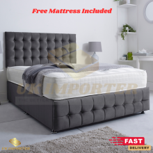 (Steel Plush, Small Double 4FT(No Drawer)) PLUSH VELVET ORTHOPAEDIC DIVAN BED CUBE HEADBOARD & FOOTBOARD & MATTRESS KING DOUBLE