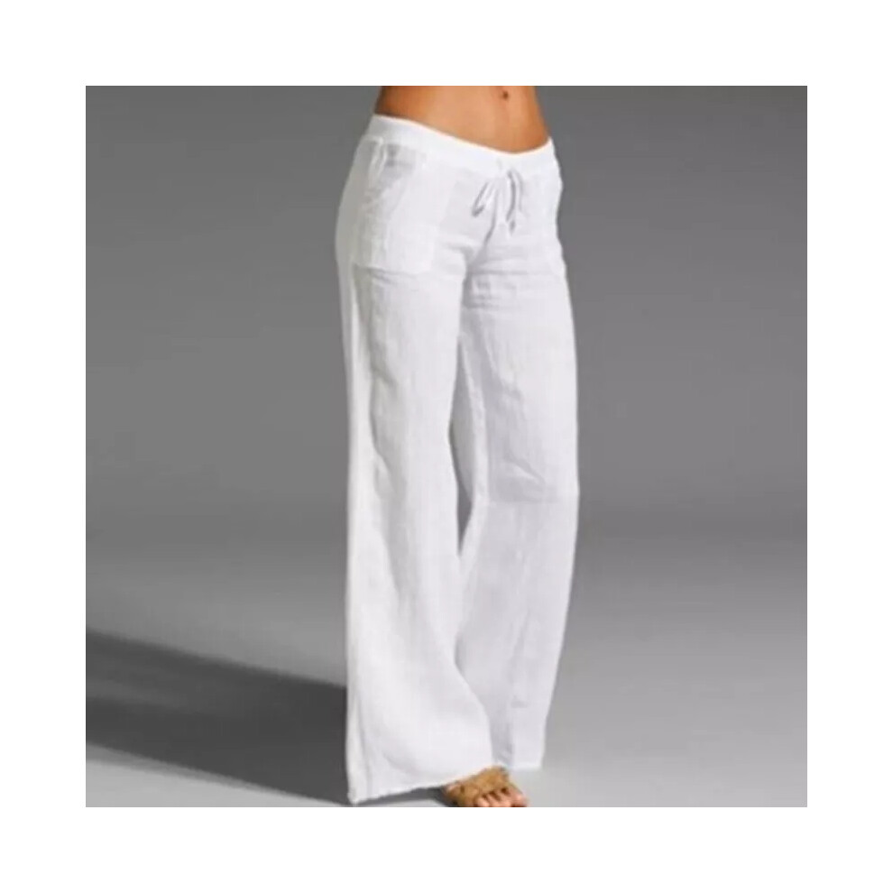 (White, UK Size 20=Tag Size 5XL) Women Trousers Cotton Linen Pants Ladies Beach Baggy High Waist Palazzo Pant