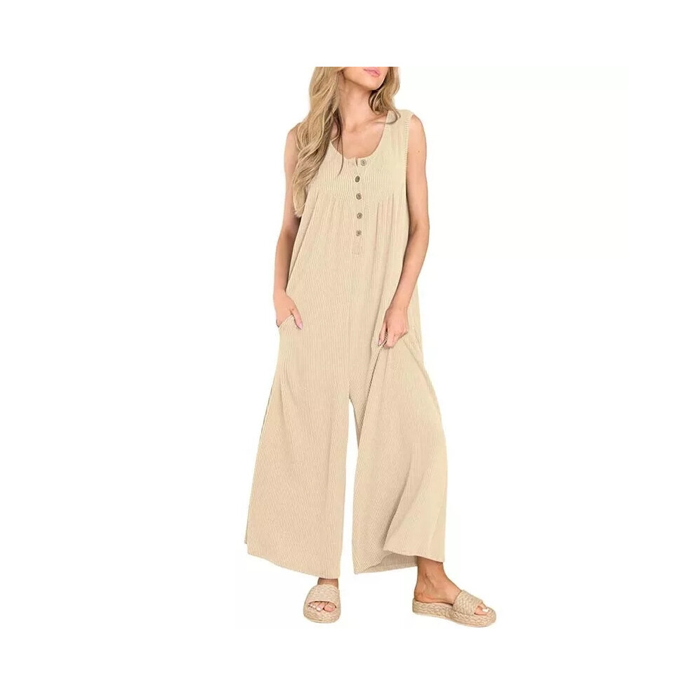 (Apricot, UK Size 12=Tag Size M) Women Jumpsuits Wide Leg Romper Ladies Summer Casual Sleeveless Trousers Loose-image-OPC-PF2DBFR-NEW