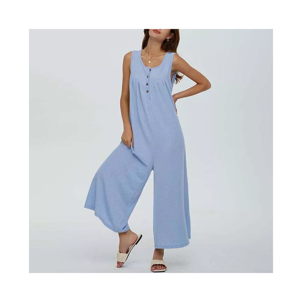 (Blue, UK Size 8-10=Tag Size S) Women Jumpsuits Wide Leg Romper Ladies Summer Casual Sleeveless Trousers Loose-image-OPC-PF2DBGD-NEW