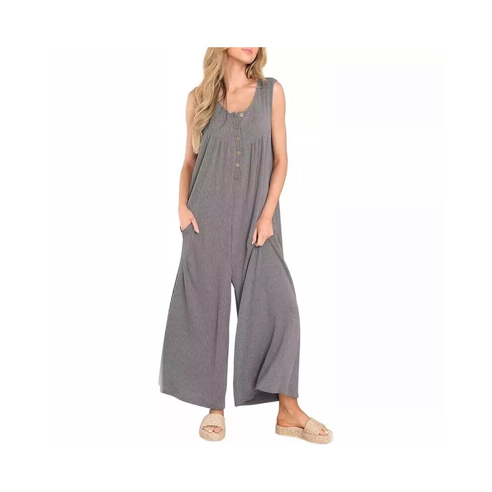 (Grey, UK Size 8-10=Tag Size S) Women Jumpsuits Wide Leg Romper Ladies Summer Casual Sleeveless Trousers Loose-image-OPC-PF2DBGX-NEW