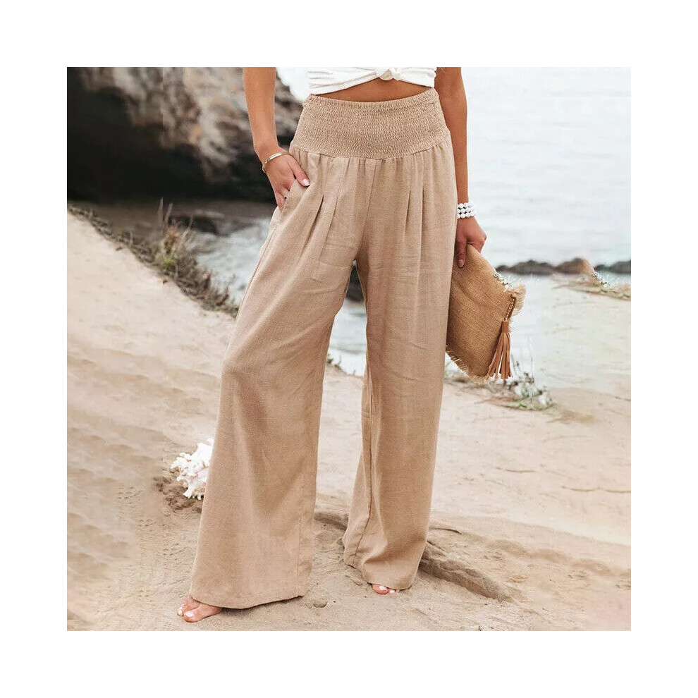 (Khaki, M) Women Cotton Linen Wide Leg Pants Ladies Casual Baggy High Waist Palazzo Trouser-image-OPC-PF2DBKM-NEW