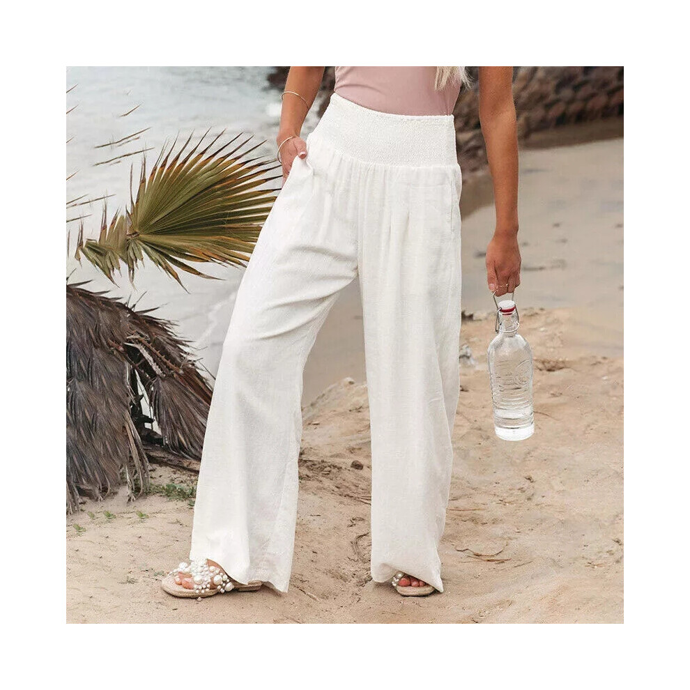 (White, L) Women Cotton Linen Wide Leg Pants Ladies Casual Baggy High Waist Palazzo Trouser-image-OPC-PF2DBMQ-NEW