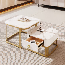(White, Side Table with Drawer) Nestable Coffee Table, High Gloss Marble Exterior