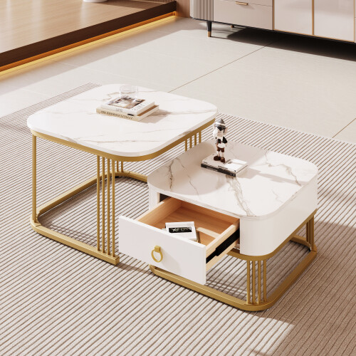 (White, Side Table with Drawer) Nestable Coffee Table, High Gloss Marble Exterior