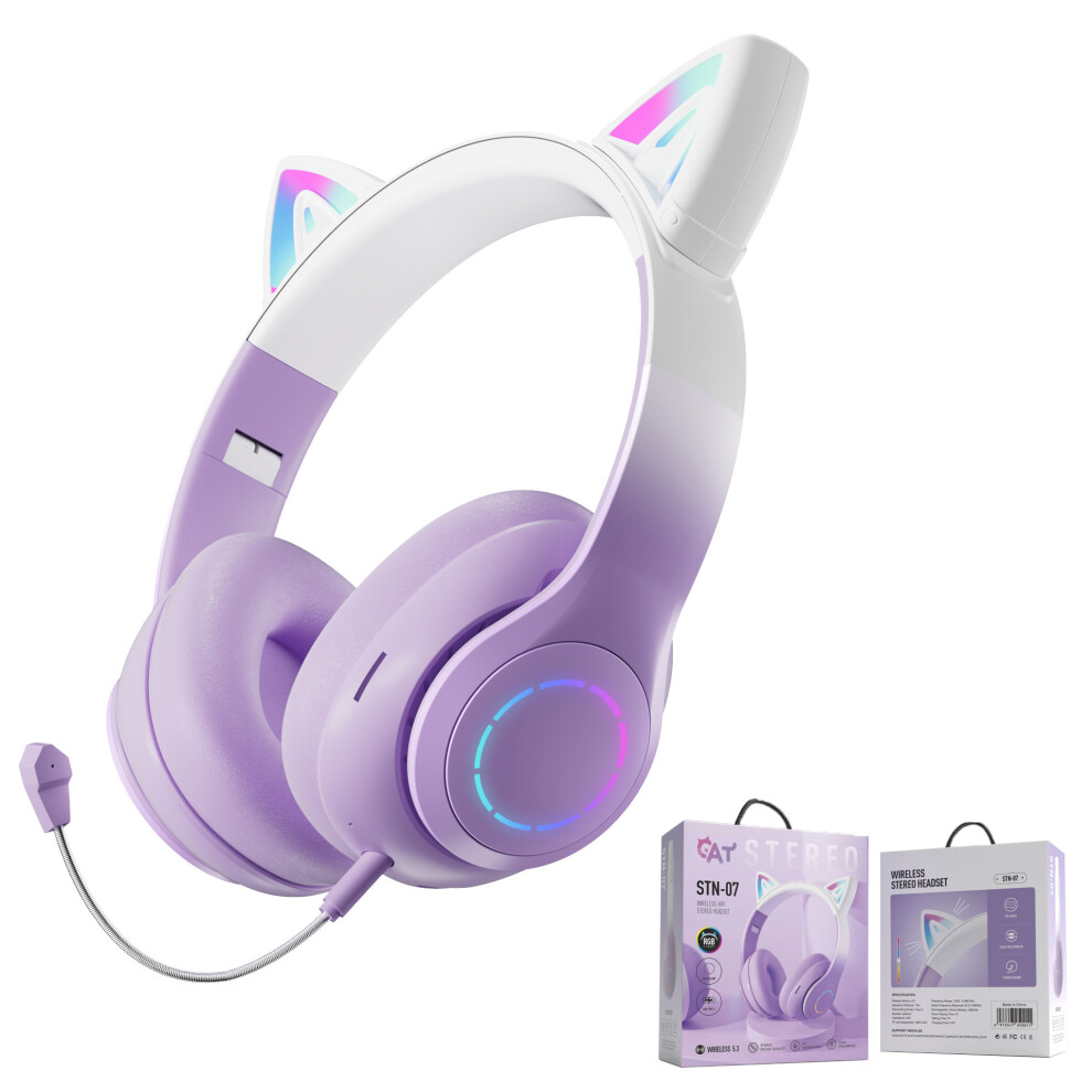 (Purple) Cat Ear Bluetooth Wireless Headphones Glow Light-image-OPC-PF2DFQC-NEW