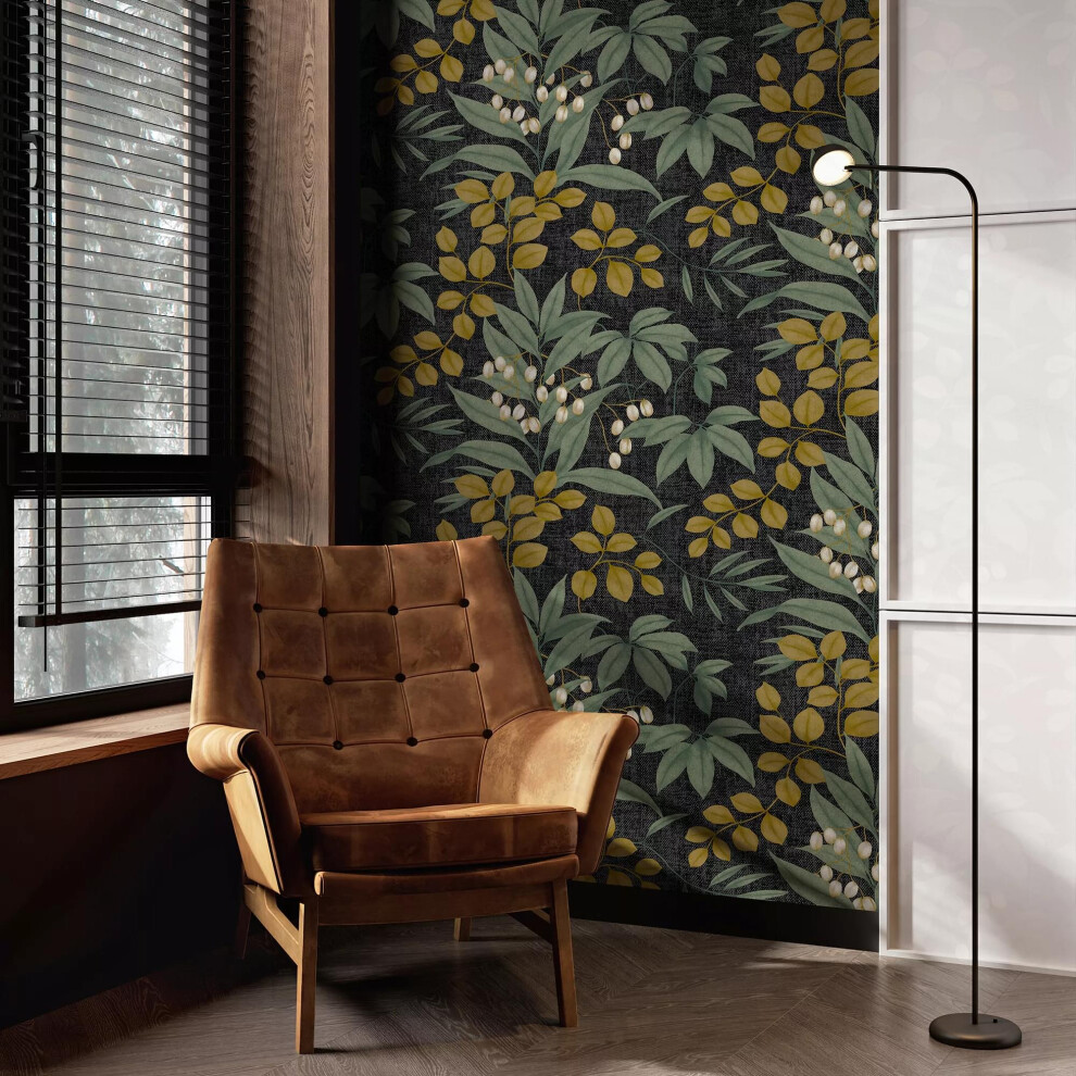 Superfresco Easy Persephone Charcoal/Ochre Leaves Wallpaper