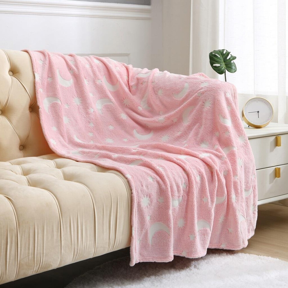 (100x150cm, Pink) Kampala Hill Glow in the Dark Blanket Throw Moon Stars