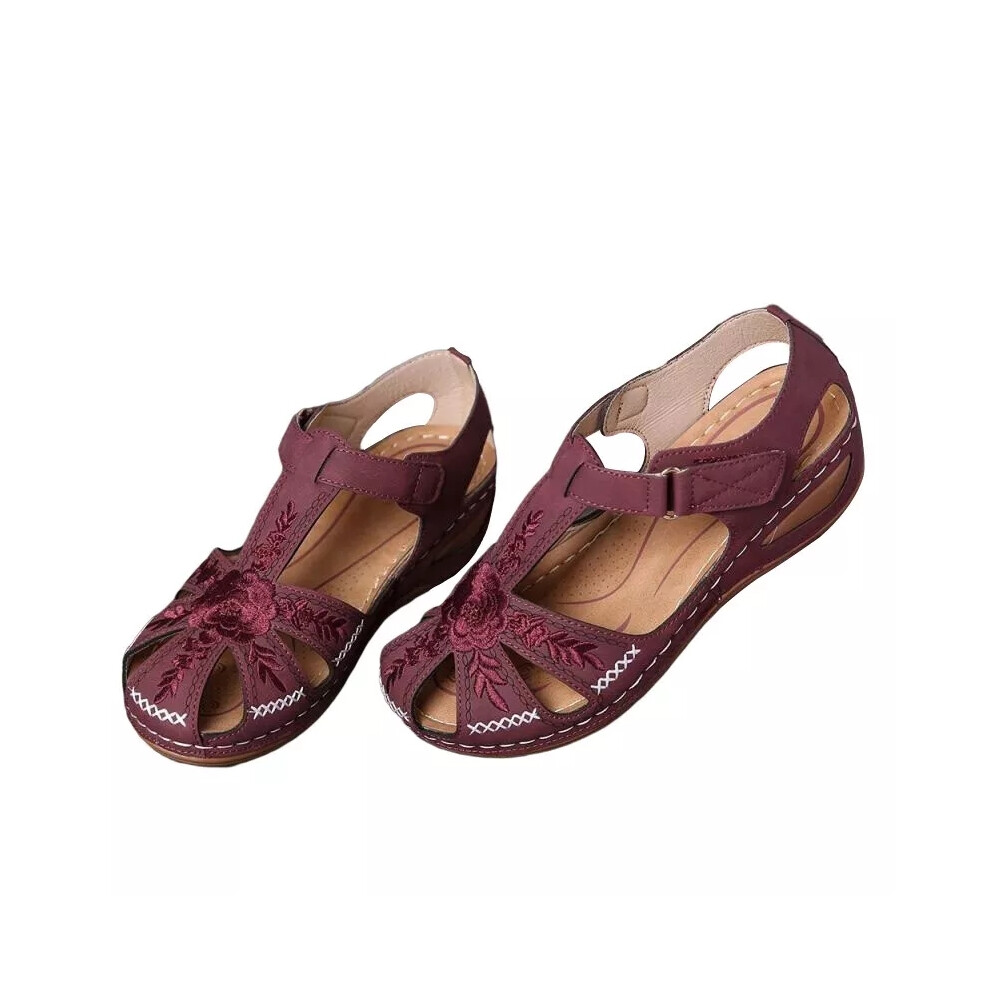 (Wine Red, UK Size 3=Tag Size 36) Women's Wedge Sandals Closed Toe Ladies Summer Non Slip Platform Retro Shoes-image-OPC-PF2DHVV-NEW