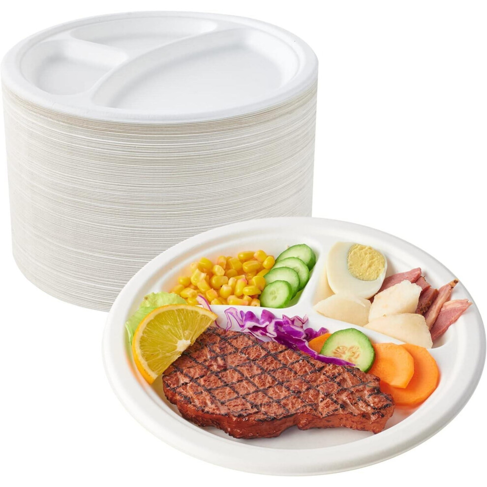 (Pack of 100) ECONX 3 Compartment Bagasse Plates 10 Inch Disposable Compostable Dinner Party Plates Heavy Duty Clamshell Eco Friendly Plates