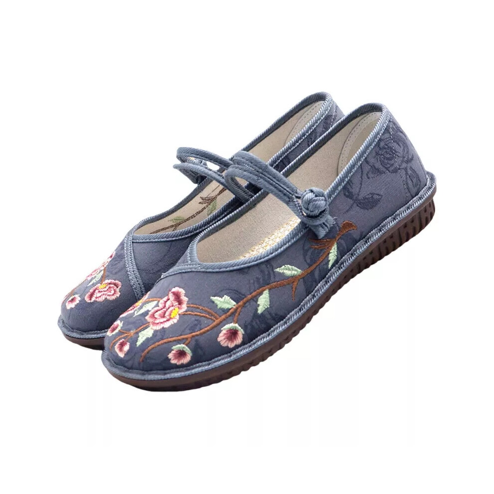 (Grey, UK Size 5.5=Tag Size 39) Women's Flat Shoes Slip On Loafers Ladies Driving Casual Embroidered Comfortable