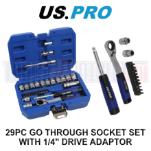 US PRO Tools 29pc Metric Go-thru Socket Set, Ratchet With Accessories 7558
