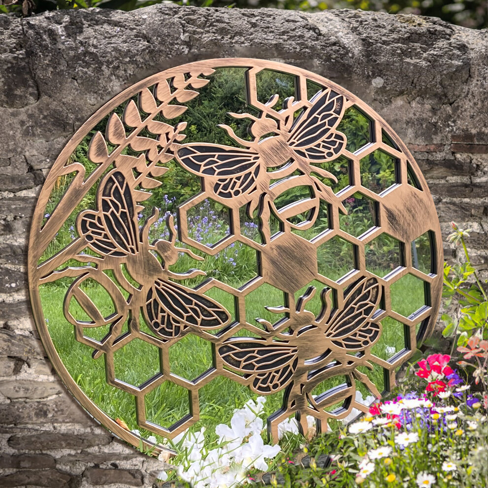 (Honey Bee Garden Wall Mirror - Copper - Ideal Memorial with Tree of Life Style) Tree of Life Outdoor Garden Wall Decor Mirrors