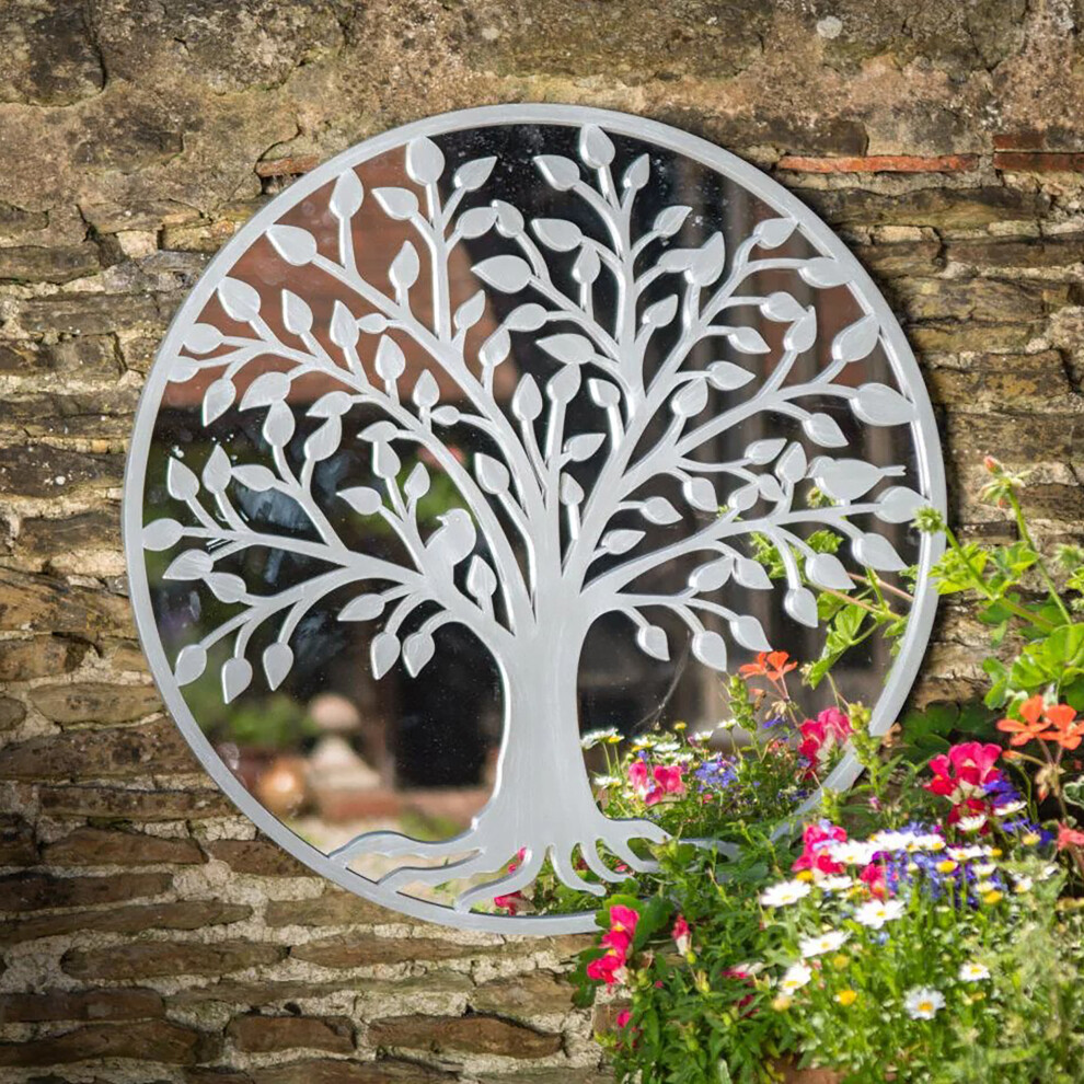 (Tree of Life Garden Wall Mirror - Grey - Ideal Memorial with Robins) Tree of Life Outdoor Garden Wall Decor Mirrors