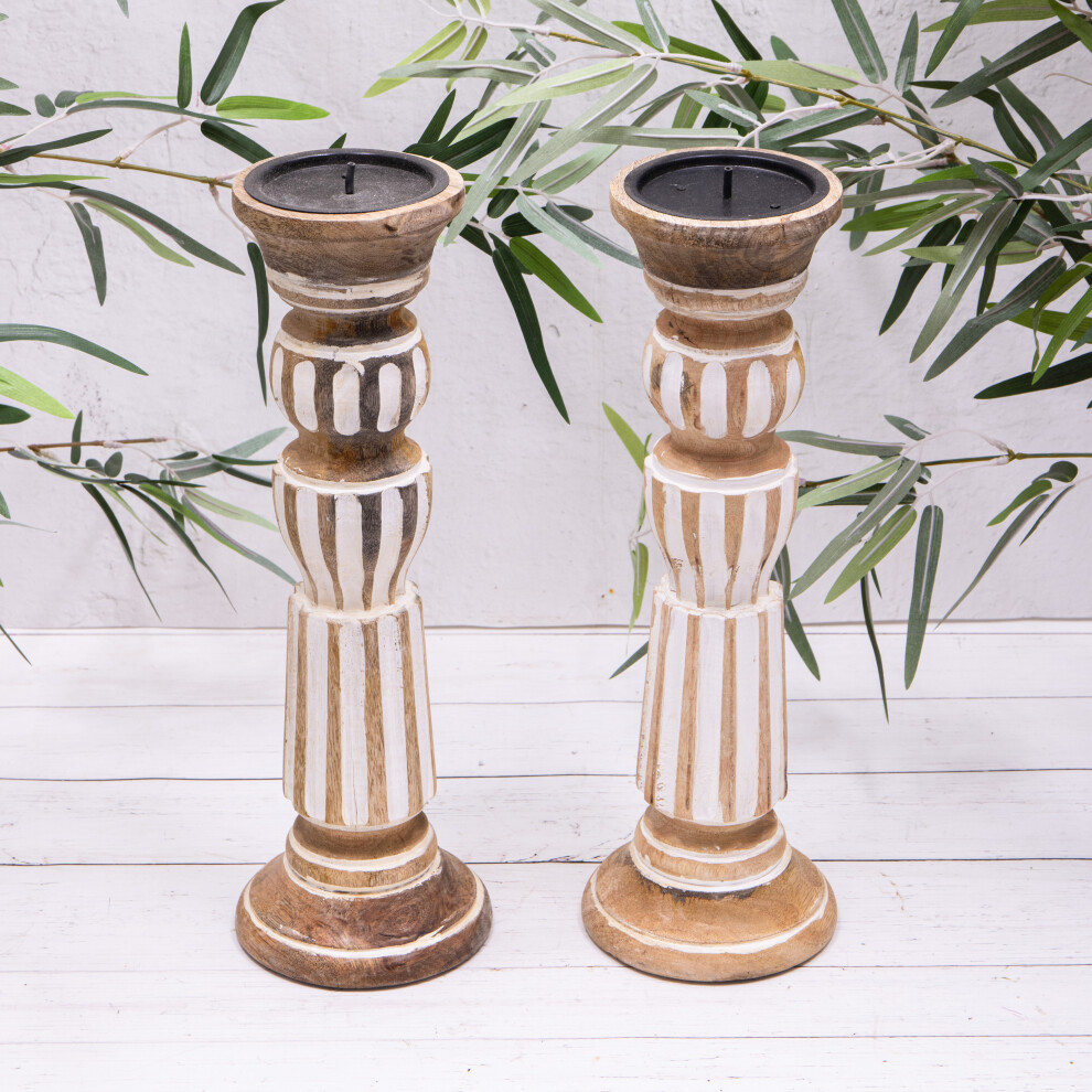 2  Carved Wood Candlestick White Washed Rustic Pillar Candle Holders