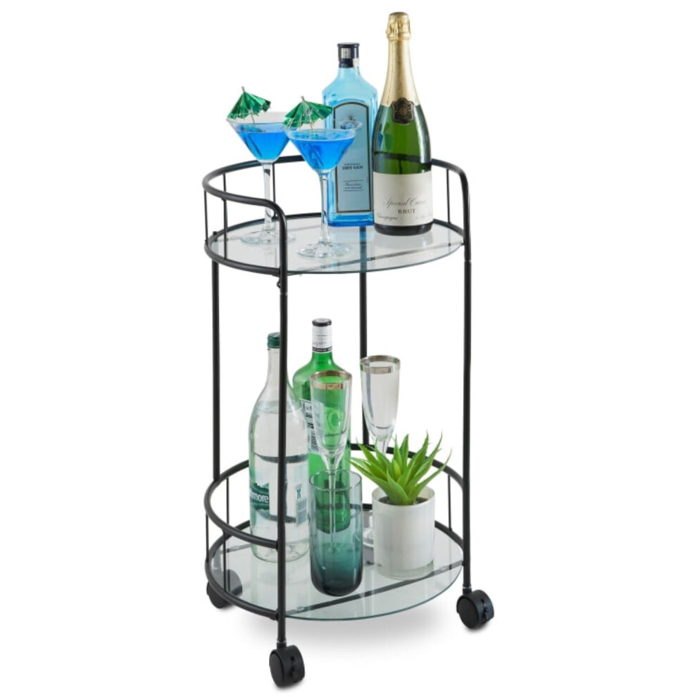 Stylish Black Drinks Trolley Two Glass Shelves Black With Castor