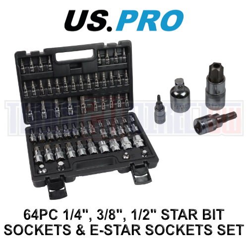US PRO Tools 64pc 1/4", 3/8" & 1/2" Star Bit Sockets & E Star Sockets Set 7568