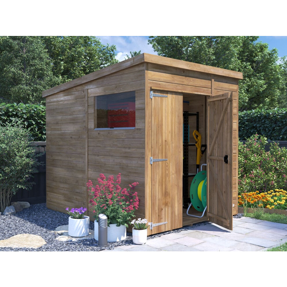 Wooden Garden Shed 1.8m x 2.4m 15mm Tongue & Groove Thick Walls & Pent Roof , Pressure Treated Timber, Overlord Modular