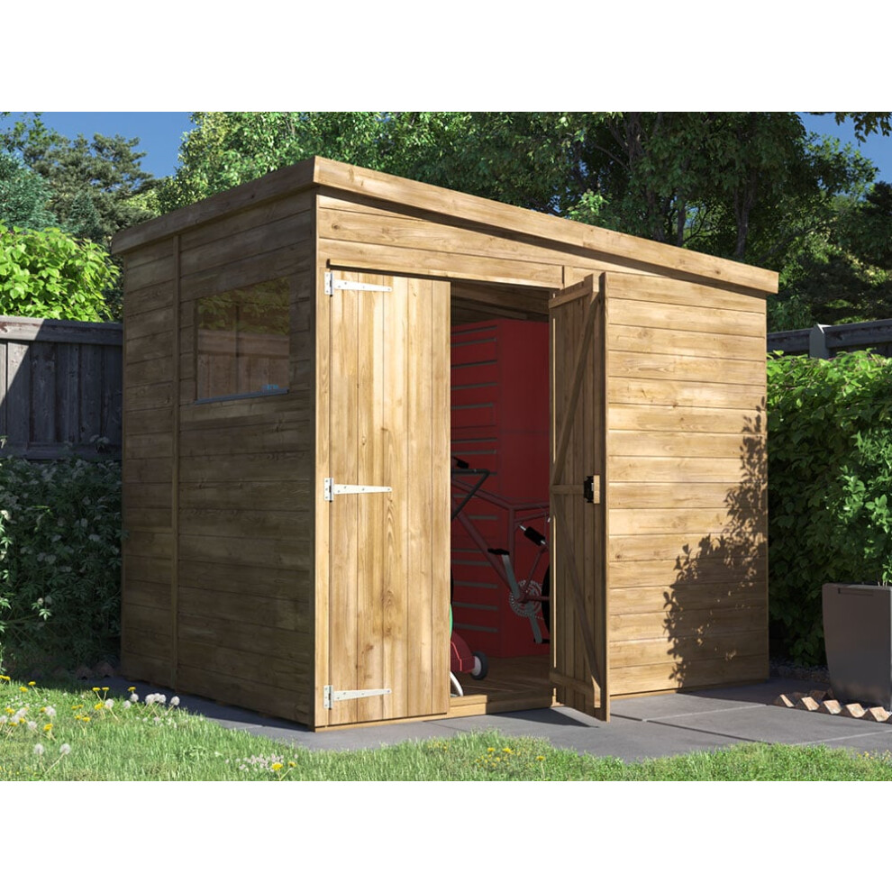 Wooden Garden Shed 2.4m x 1.8m Pent Roof and Window, Pressure Treated Timber, Overlord Modular