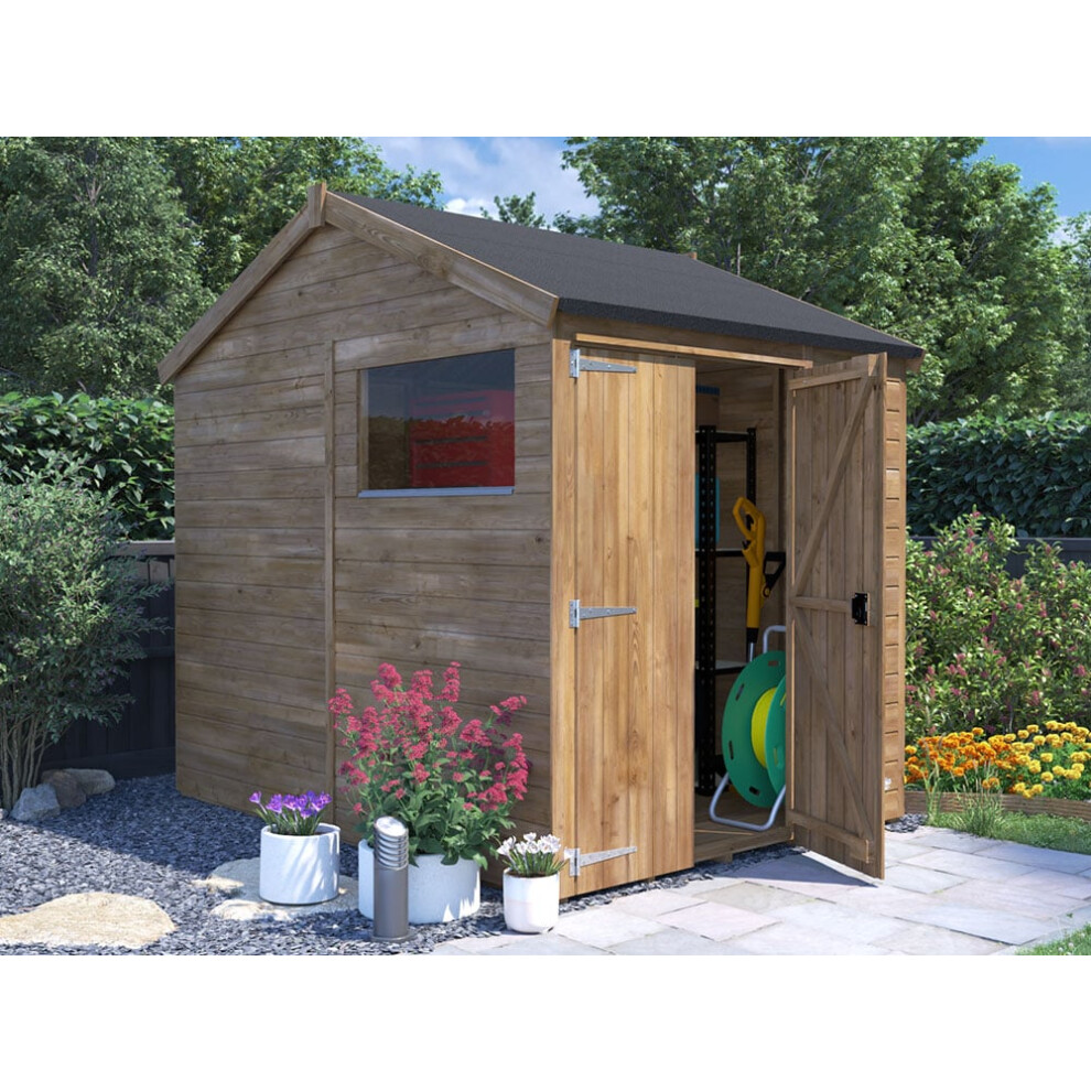 Dunster House Wooden Garden Shed 1.8m x 2.4m Outdoor Storage Building with Apex Roof and Window, Pressure Treated Timber, Overlord  Modular